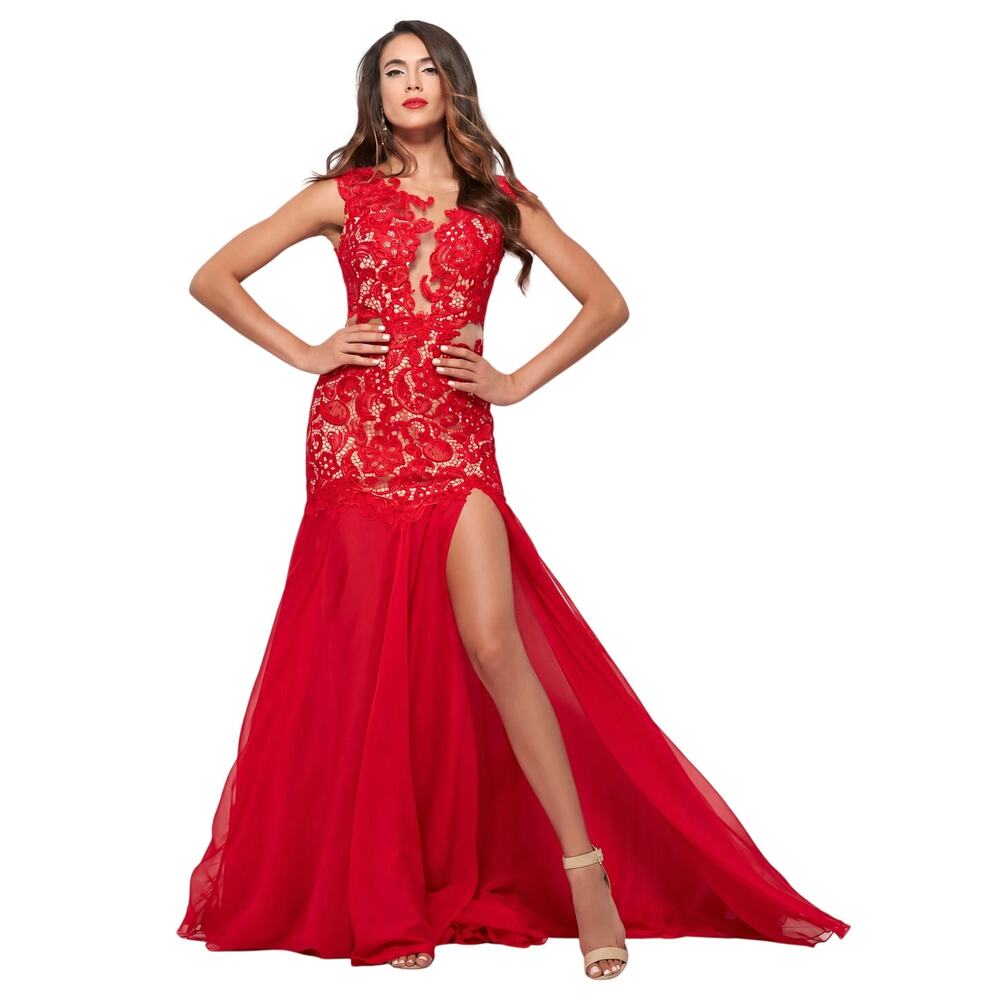 Mac Duggal Floral Lace Illusion Mermaid Evening Gown Red Women's Size 4